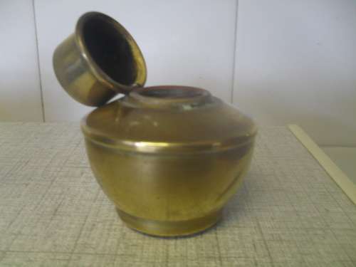 * VICTORIAN TRAVELING BRASS INKWELL.?? not sure- a shoe motif stamped