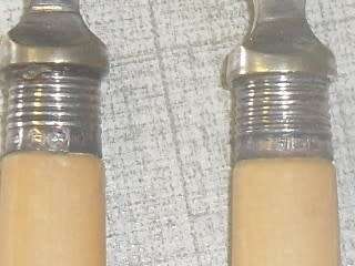 *.#2X VINTAGE SILVER COLLARED FISH FORKS -- looks like -JV  anchor lion S