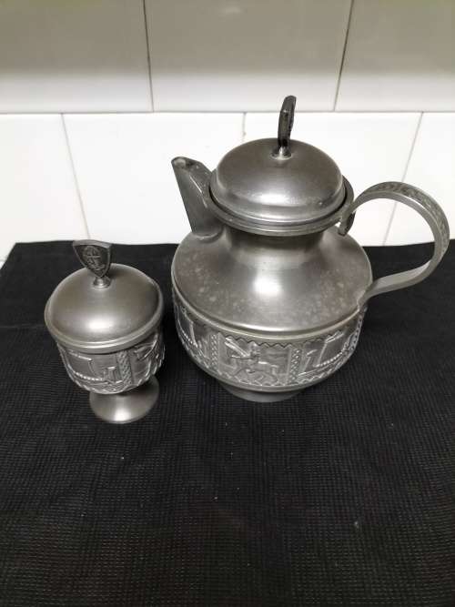 *##. VINTAGE KYRRE NORSK TINN  PEWTER COFFEE POT and SUGAR BOWL