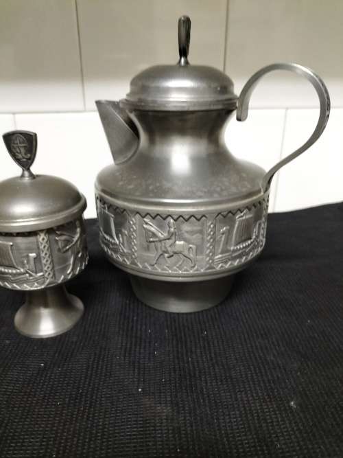*##. VINTAGE KYRRE NORSK TINN  PEWTER COFFEE POT and SUGAR BOWL