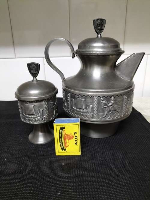 *##. VINTAGE KYRRE NORSK TINN  PEWTER COFFEE POT and SUGAR BOWL