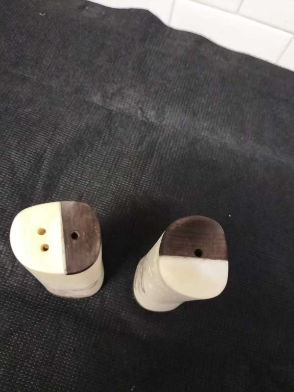 *.##ANTIQUE BONE SALT PEPPER SHAKERS ETCHED ELEPHANT S