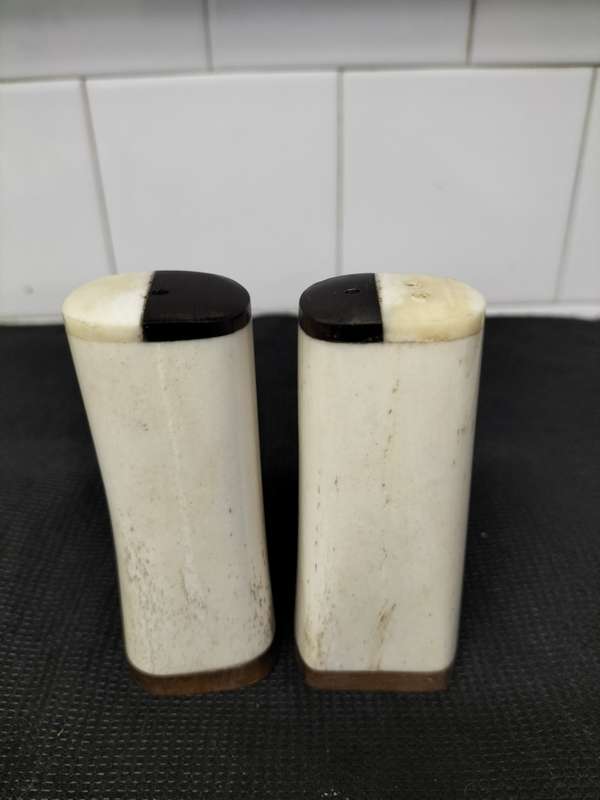 *.##ANTIQUE BONE SALT PEPPER SHAKERS ETCHED ELEPHANT S