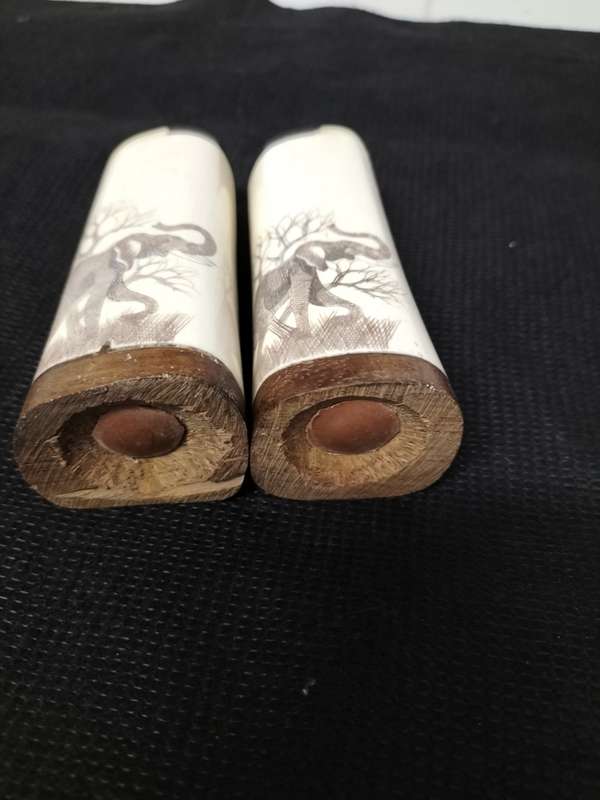 *.##ANTIQUE BONE SALT PEPPER SHAKERS ETCHED ELEPHANT S