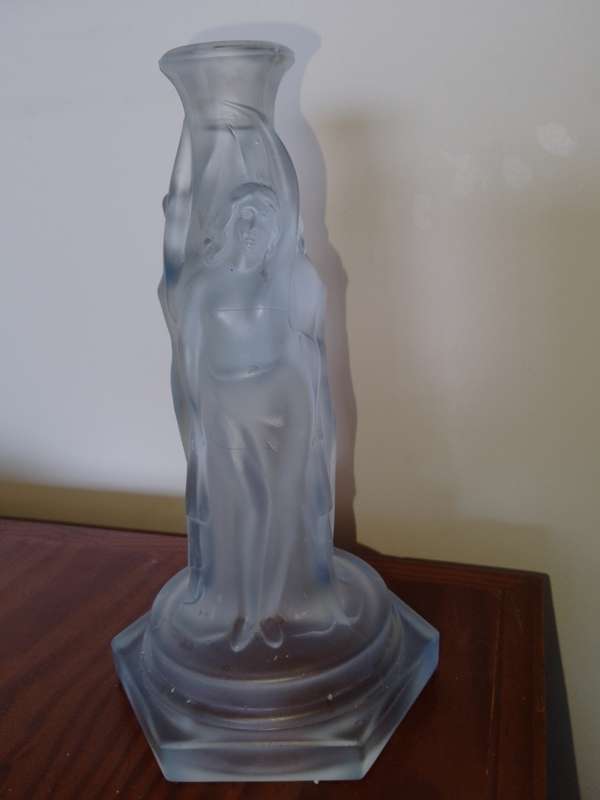 A gorgeous blue frosted glass Walther AND Sohne. (no marks) 3 Grace  candle stick holder