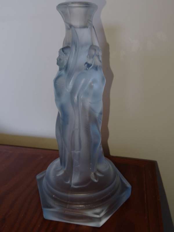 A gorgeous blue frosted glass Walther AND Sohne. (no marks) 3 Grace  candle stick holder