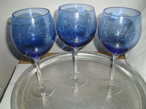 3 Stunning blue glasses each with intricately cut leaf design