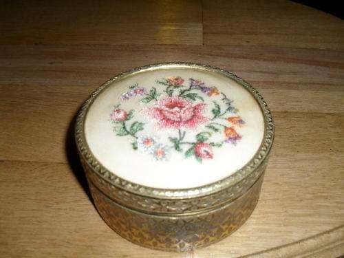 A vintage Powder Bowl with a Beautifully embroidered outer lid with glass inner and mirror on lid
