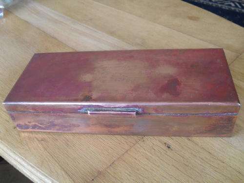 A HANDMADE COPPER BOX - WOOD INARDS -ZAMBIA Inscribed "Pres. to H.S WALLER -ANGLO AMERICAN .. 1967