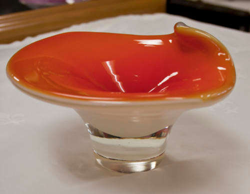 MURANO GLASS BOWL - DEEP ORANGE PULLED DISH WITH WHITE UNDERGLAZE  - SEE PHOTOS!