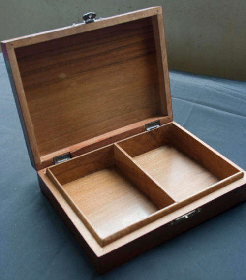 WOODEN BOX - c1940'S - MADE FOR PLAYING CARDS - TWO COMPARTMENTS - COUNTRY CHURCH DESIGN ON LID