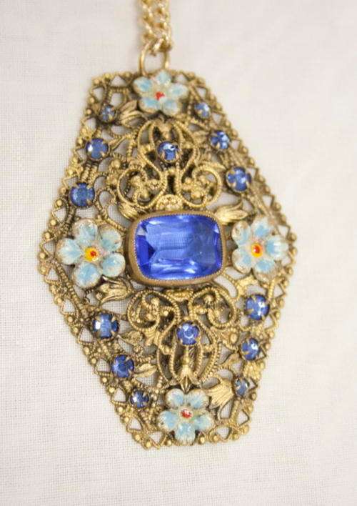 VINTAGE PENDANT - BLUE GLASS WITH FLOWERS ON GILT - MADE IN CZECHOSLOVAKIA