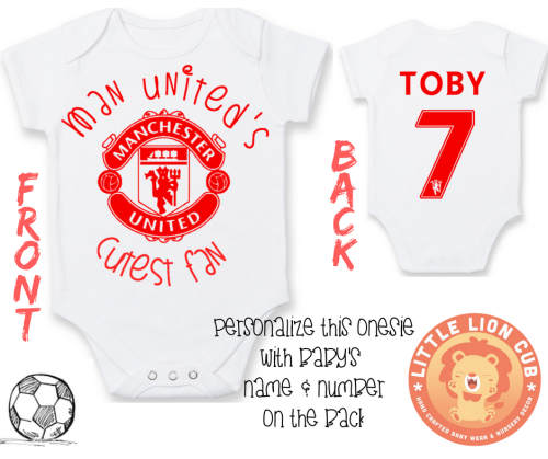 PERSONALISED MANCHESTER UNITED Baby Grow with NAME & NUMBER/Manchester United's Cutest Fan Onesie