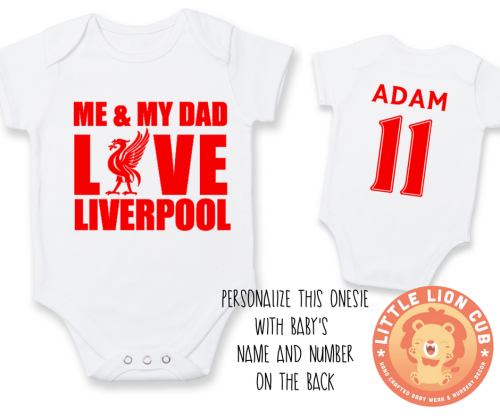 PERSONALISED LIVERPOOL FC Baby Grow with NAME & NUMBER/Me & My Dad Love Liverpool Baby Grow