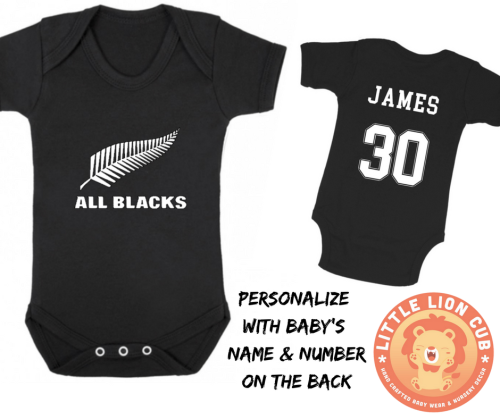 PERSONALISED ALL BLACKS RUGBY Baby Grow with NAME & NUMBER/ All Blacks baby onesie/ Babyshower