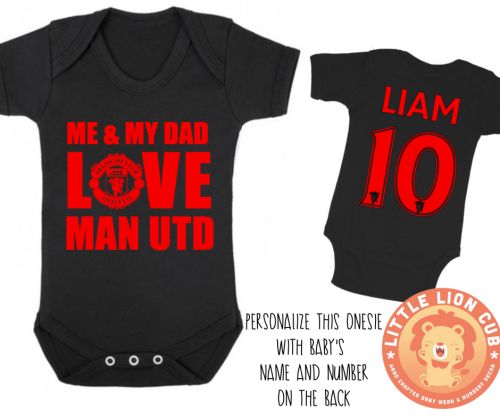 PERSONALISED MANCHESTER UNITED Baby Grow with NAME & NUMBER/Me & My Dad Love Man United