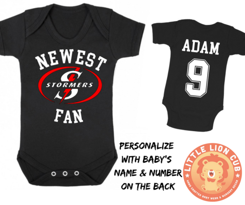 PERSONALISED STORMERS RUGBY Baby Grow with NAME & NUMBER/Newest STORMERS fan baby grow / WP Rugby
