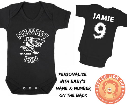 PERSONALISED SHARKS RUGBY Baby Grow with NAME & NUMBER/Newest SHARKS fan baby grow/ Baby Shower