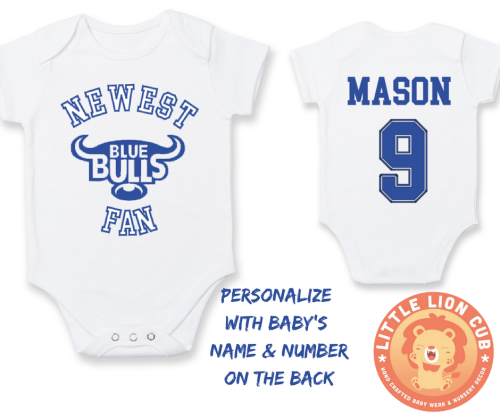 PERSONALISED BLUE BULLS RUGBY Baby Grow /Newest BLUE BULLS fan baby grow/Baby Shower