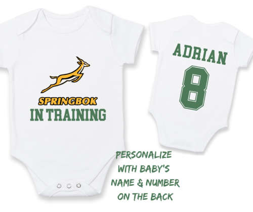 PERSONALISED SPRINGBOK RUGBY Baby Grow with NAME & NUMBER/Springbok in training/ baby shower
