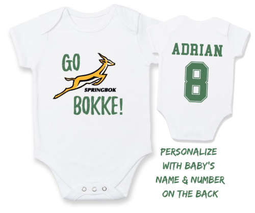 PERSONALISED SPRINGBOK RUGBY Baby Grow with NAME and NUMBER/Go Bokke!/ baby shower