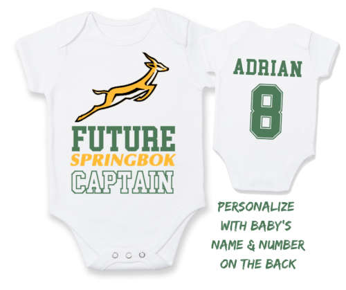 PERSONALISED SPRINGBOK RUGBY Baby Grow with NAME and NUMBER/GFuture Springbok Captain/ baby shower