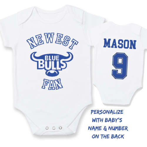 PERSONALISED BLUE BULLS RUGBY Baby Grow with NAME and NUMBER/Blue Bulls newest fan / BLOU BULLE