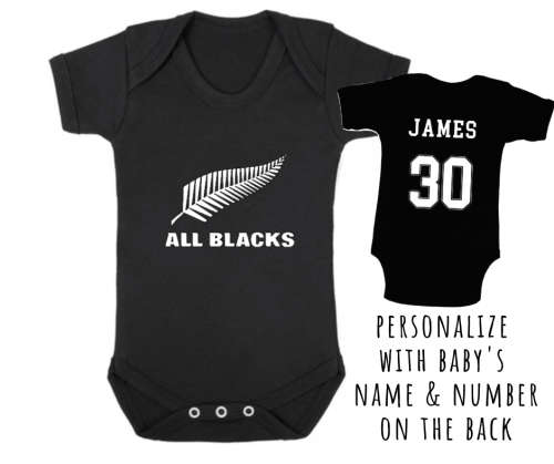 PERSONALISED NEW ZEALAND ALL BLACKS RUGBY Baby Grow with NAME and NUMBER/NZ All Blacks baby