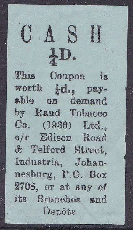 Cigarette Discount Coupon quarter penny Rand Tobacco.