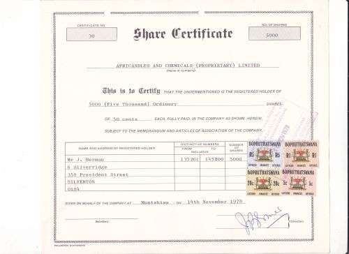 Bophuthatswana Share Certificate scarce usage 14/11/1978.