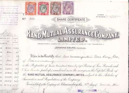 Union Share Certificate with stamps 15 March 1920.