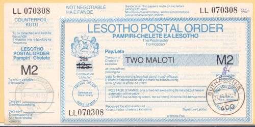 Lesotho Postal Order M2 value issued Buthabuthe 1994.