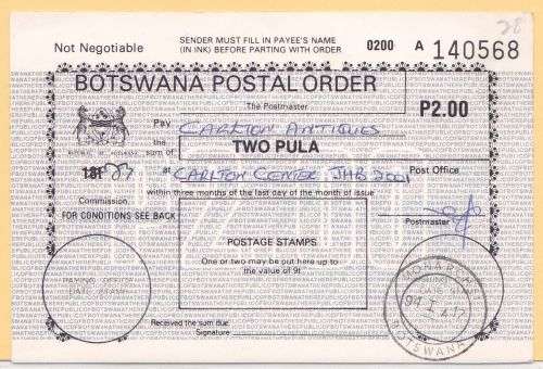 Botswana postal order P2.00 issued Monarch 17/1/1994.