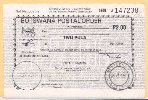 Botswana postal order P2.00 issued Bontleng 27/7/1993.