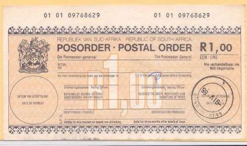 South Africa Postal Order R1 value issued George 9 April 1985.