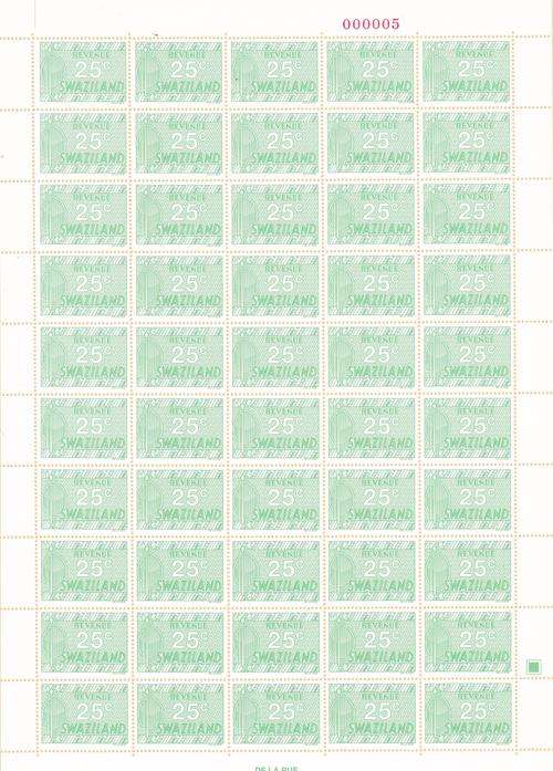 Swaziland revenue scarce printing 25c complete sheet.