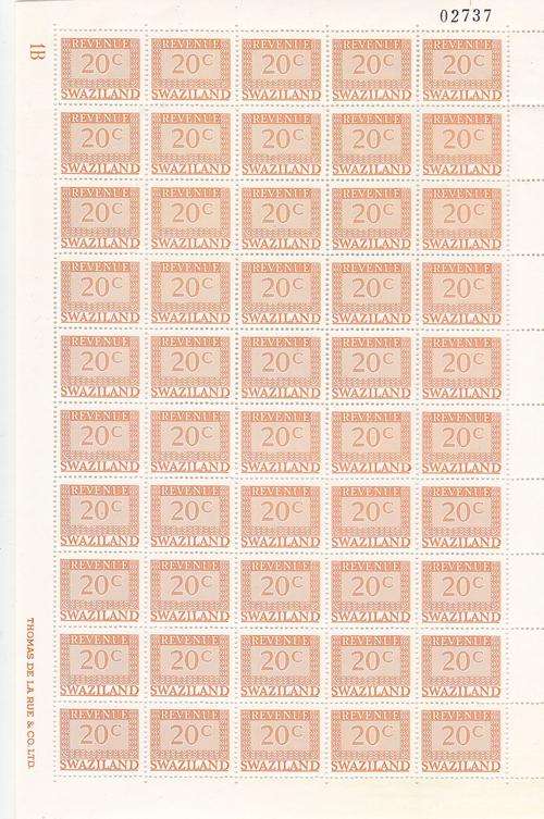 Swaziland revenue 20c complete sheet catalogue value R5000.