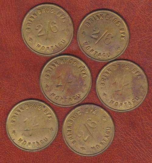 Tokens (x6) Brink Brothers 1s and 2s6d good condition.