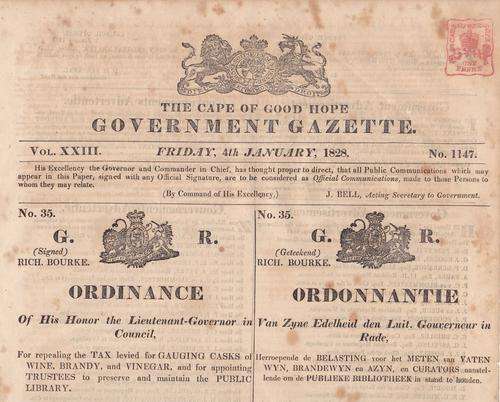Cape of Good Hope 4th January 1828 Ordinance Tax on Wine, Brandy and Vinegar.