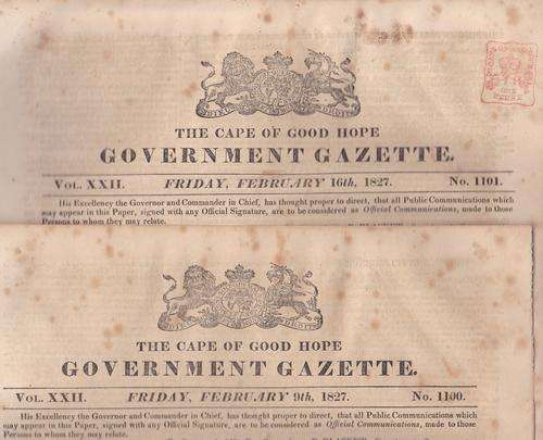 Cape of Good Hope 1827 introduction of 1d Newspaper Duty proving papers.