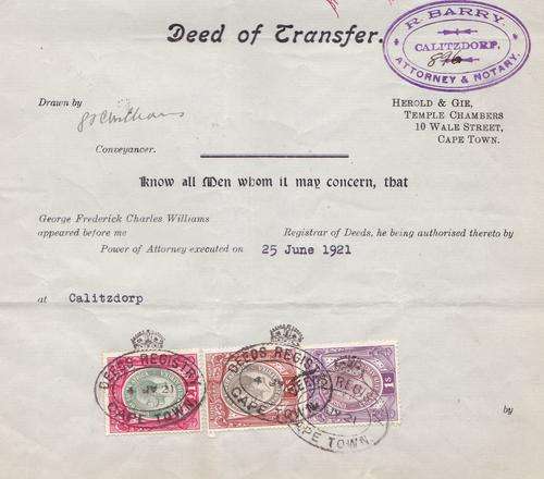 Union George v large format Deed of Transfer 1921.
