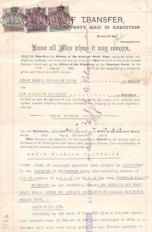 Cape of Good Hope revenue Edward vii Deed of Transfer 1905.