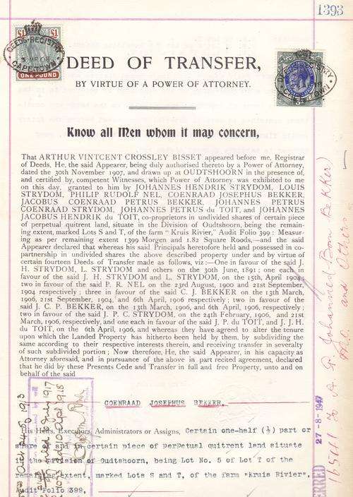 Cape and Union revenue Deed of Transfer 1908/18.