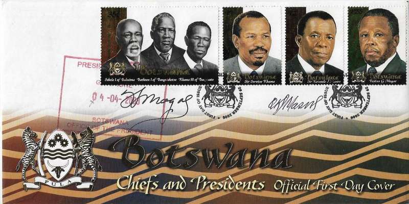 Botswana Chiefs and Presidents signed cover President Festus G.Mogae and Sir Ketumile J.Masire.