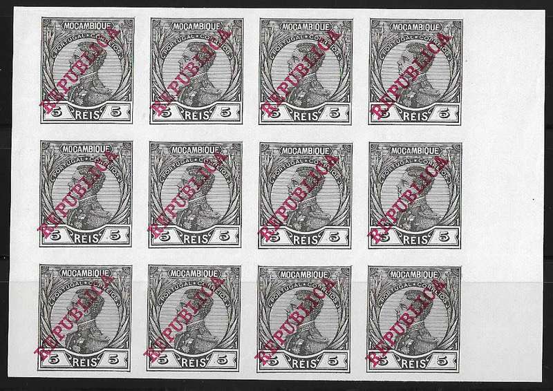 Mozambique imperforated block of (x12) 5 Reis REPUBLICA stamps.