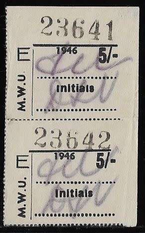 Union Transvaal Mine Workers Union 1946, 5s labels initialed.