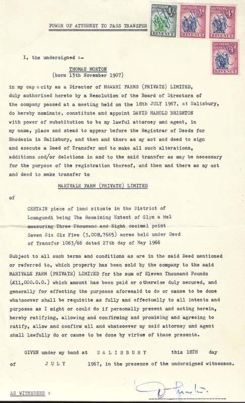 Southern Rhodesia revenue document Power of Attorney 18 July 1967