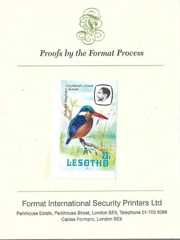 Lesotho imperforated 25s bird issue 1982 on proof card.