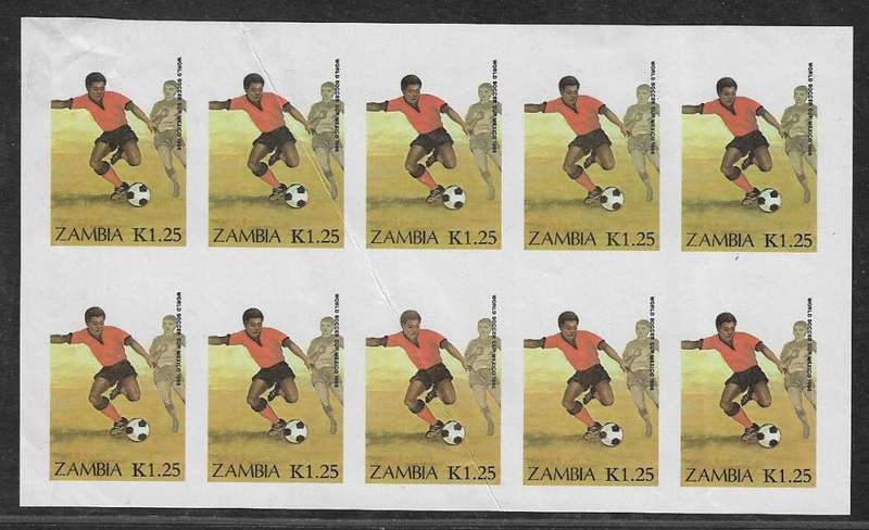 Zambia imperforated marginal block of 10, soccer player SG462. (creased)