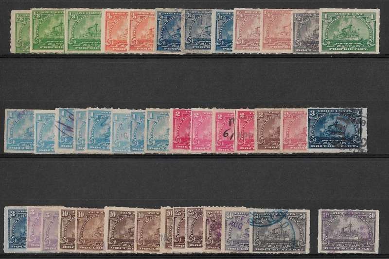 United States of America Battleship revenue stamps on stock card.